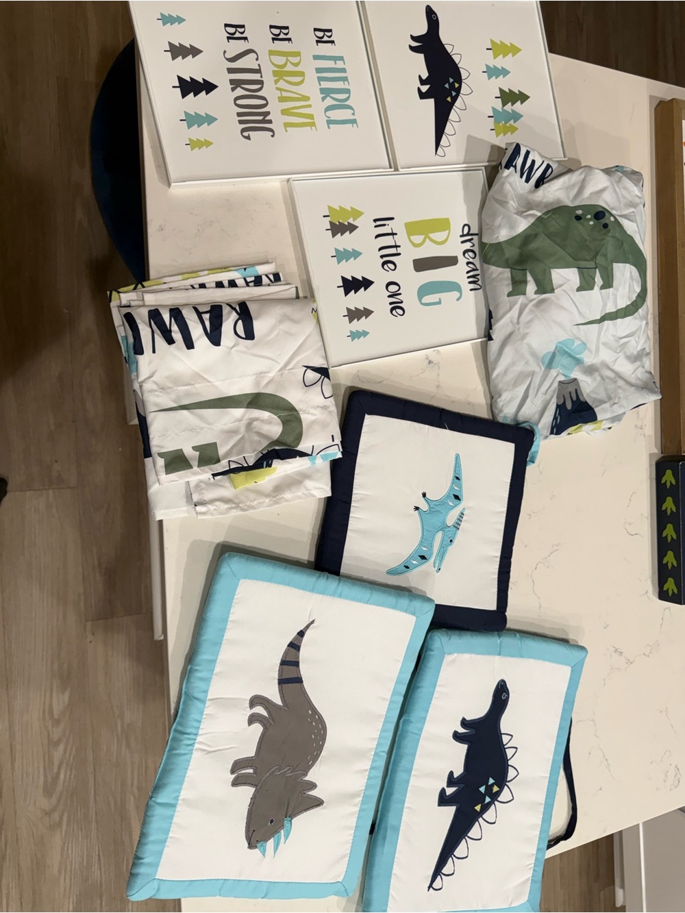 Kids Dinosaur Pillow Covers and Wall Art Set in Blue, Teal, Gray - Unbranded